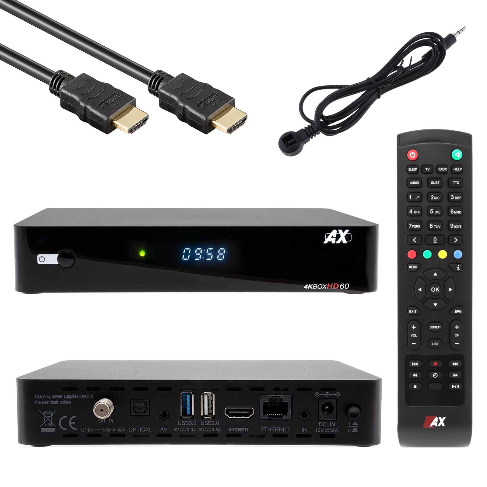 AX HD60 4K UHD 2160p E2 Linux 1xDVB-S2X Sat Receiver inkl vorprogrammiert für Astra & Hotbird HDMI Kabel Anadol® WLAN Stick inkl