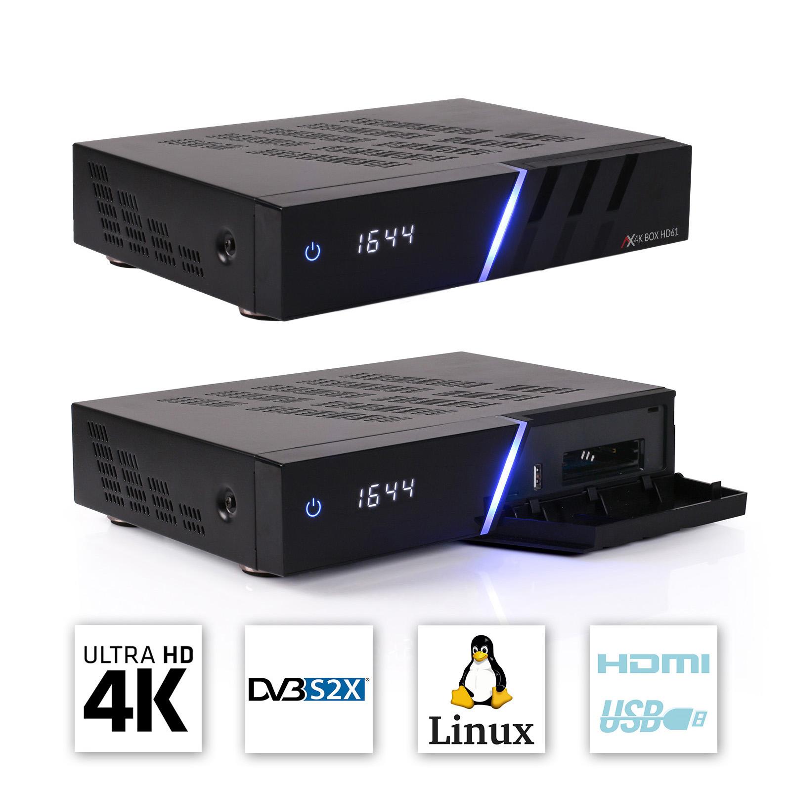 mit 1TB Festplatte AX HD61 4K UHD E2 Linux Receiver für Satellitenfernsehen Kabelfernsehen & DVB-T2-Fernsehen vorprogrammiert für Astra & Hotbird PVR Aufnahme HDMI Kabel mit DVB-S2X & DVB-C/T2