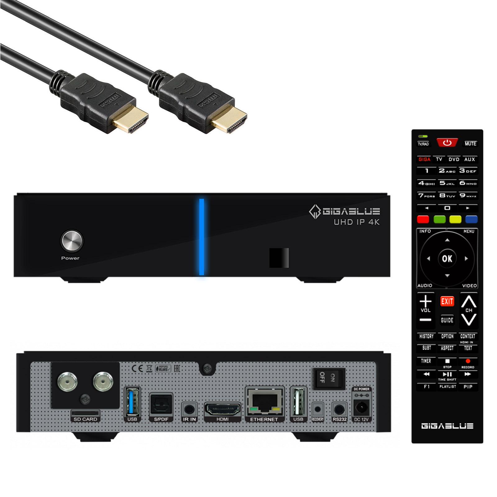 GigaBlue UHD IP 4K USB HDMI SD Card 1x DVB-S2X Récepteur Multiroom Single Tuner noir avec câble HDMI 