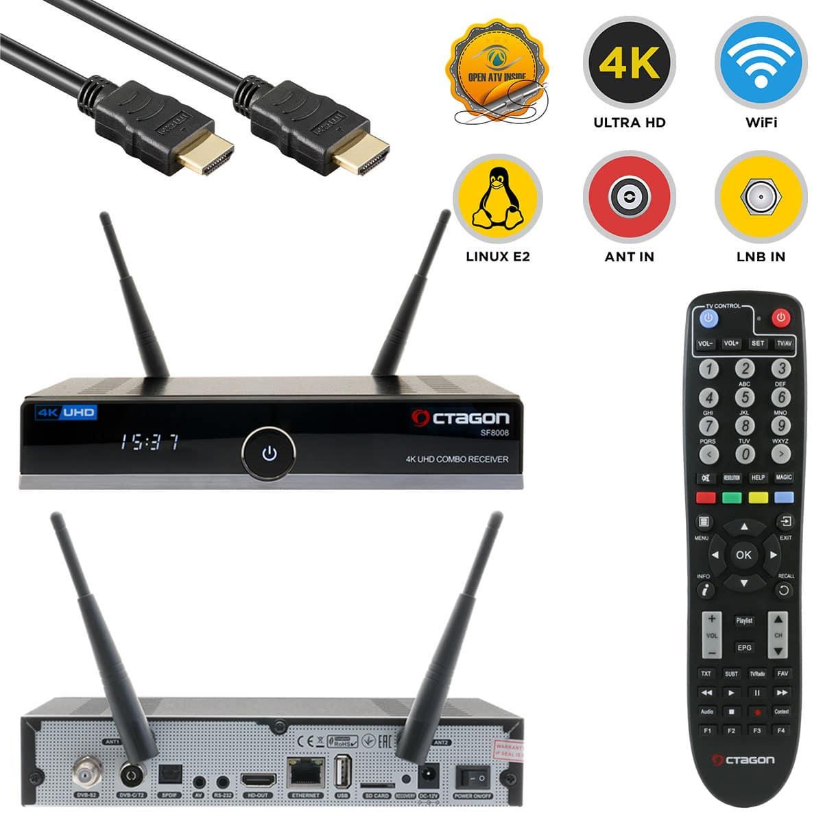 Receptor de satélite Incluye Cable HDMI Babotech® HDR H.265 E2 Linux Dual WiFi Octagon SF8008 UHD 4K 